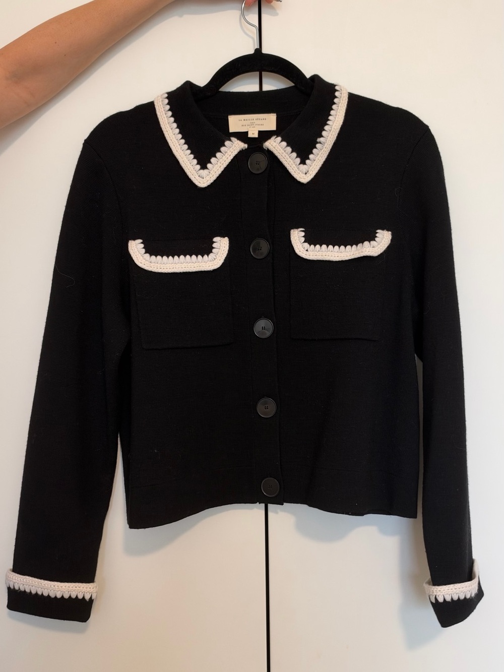 Sezane Betty Knit Button-Up Sweater - Black with White Trim